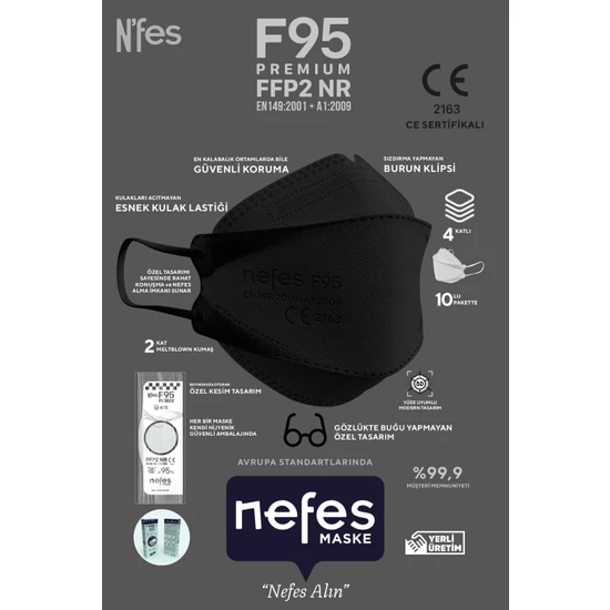 Nefes F95 / Ffp2 Premium Kore Tipi Ce-Iso Sertifikalı Tek Paketli Maske