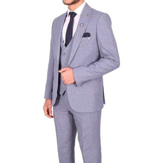 Vito Andolini Mavi Slim Fit Yelekli Erkek Takim Elbise