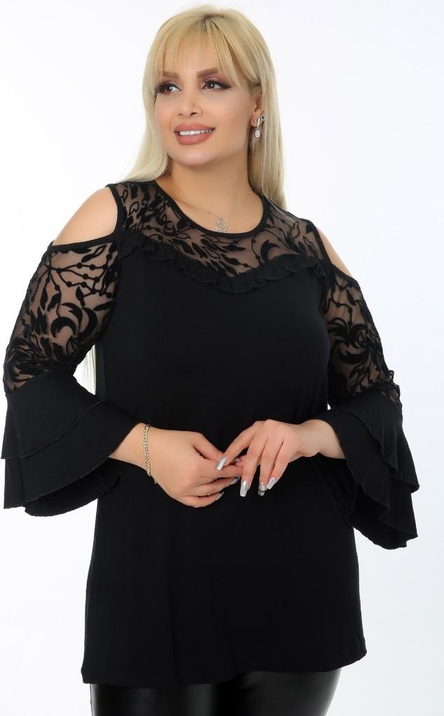 Kheos Volanlı Kol Göğsü ve Kolu Dantel Detaylı Rahat Dökümlü Tarz Tunik görsel 2