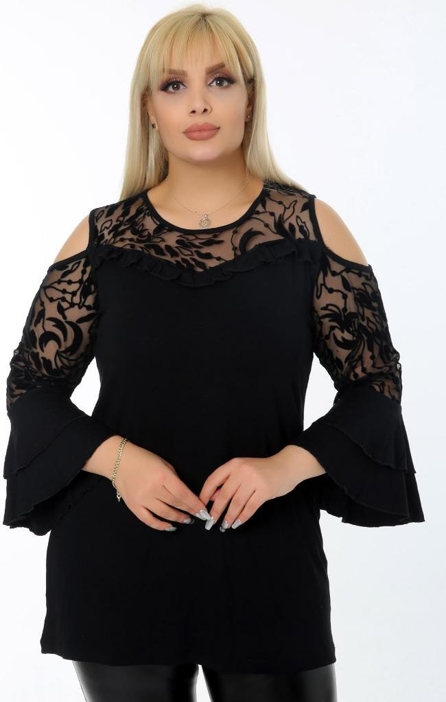 Kheos Volanlı Kol Göğsü ve Kolu Dantel Detaylı Rahat Dökümlü Tarz Tunik