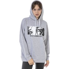 Vıshenka Unisex Anime Baskılı 3 Iplik Kapüşonlu Kanguru Cepli Gri Renk Sweatshirt