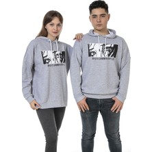 Vıshenka Unisex Anime Baskılı 3 Iplik Kapüşonlu Kanguru Cepli Gri Renk Sweatshirt