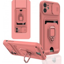 MobaxAksesuar iPhone 12 Kılıf Kartlıklı Magnetli Lens Kapatmalı Pembe
