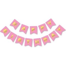 Bal10 Dünyası Pembe Üstüne Gold Altın Sarısı Yaldızlı Happy Birthday Yazılı Doğum Günü Partisi Karton Yazı Banner