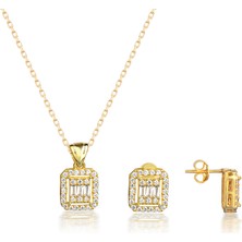 Miavi Silver 925 Ayar Gümüş Trapez Taşlı Kolye Küpe Kombin 