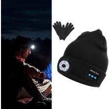 Strade Store Bluetooth LED Beanie Şapka Şarj Edilebilir El-Serbest Far Mic Hoparlör Şapkalar Siyah Eldivenli  (Yurt Dışından)