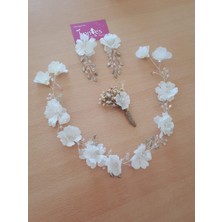 Kontes Gelin Tacı Saç Aksesuarı,küpe ve Yaka Çiceği