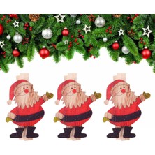 Partijet Yılbaşı Ahşap Desenli Noel Baba Dekoratif Mandal 6'lı