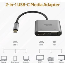 Promate Mediahub-C2 - USB Hub Dönüştürücü Type-C'den VGA ve HDMI Çıkışına 1080 P