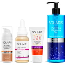 Solaris Aydınlatıcı Leke Kremi 50 ml ve Collagen Serum 30 ml ve Leke Karşıtı Güneş Krem 50 ml ve Yüz Temizleme Jeli 400 ml