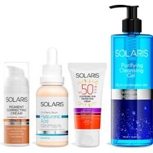 Solaris Aydınlatıcı Leke Kremi 50 ml ve Hyaluronic Acid Serum 30 ml ve Leke Karşıtı Güneş Krem 50 ml ve Yüz Temizleme Jeli 400 ml