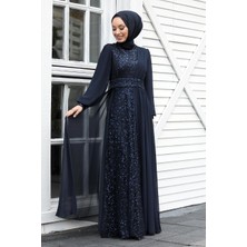 Neva Style  Tesettür Abiye Elbise - Pul Payetli Lacivert Tesettür Abiye Elbise 5408L