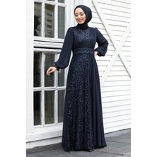 Neva Style  Tesettür Abiye Elbise - Pul Payetli Lacivert Tesettür Abiye Elbise 5408L