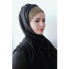 Butik Ayvitrin Kadın Modern Tek Bant Simli Hazır Şal Siyah-Gold