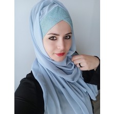 Butik Ayvitrin Kadın Modern Tek Bant Simli Hazır Şal Bebe Mavisi