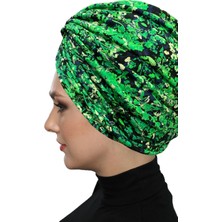 ELYSIANfidan Desenli Çapraz Penye Yeşil Lacivert Çiçek Motifli Hazır Türban Tesettür Havuz Bonesi