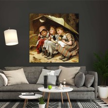 SML Tablo Yağlı Boya Efektli Şemsiye Altındaki Çocuklar Kanvas Tablov