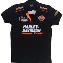 Harley Davidson Erkek Polo Yakalı Harley Davidson Baskılı Aplikeli Kısa Kollu Siyah Tişört Etp-Hd
