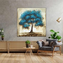 SML Tablo Yağlı Boya Efektli Mavi Yapraklı Ağaç Manzara Kanvas Tablo