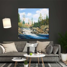 SML Tablo Yağlı Boya Efektli Şelale Orman Ağaç Manzara Doğa Kanvas Tablo