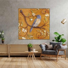 SML Tablo Yağlı Boya Efektli Dala Konmuş Kuş Çiçek Kanvas Tablo