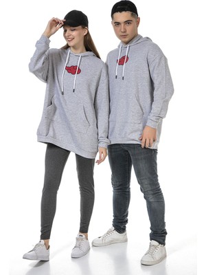 Vıshenka Unisex Ön Arka Anime Baskılı 3 Iplik Oversize Kapüşonlu Kanguru Cepli Gri Renk Sweatshirt