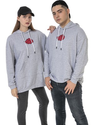 Vıshenka Unisex Ön Arka Anime Baskılı 3 Iplik Oversize Kapüşonlu Kanguru Cepli Gri Renk Sweatshirt