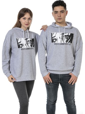 Vıshenka Unisex Anime Baskılı 3 Iplik Kapüşonlu Kanguru Cepli Gri Renk Sweatshirt