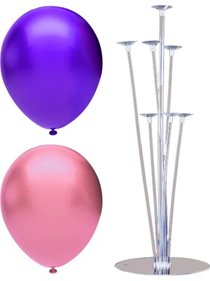 Bal10 Dünyası 7 Çubuklu Balon Standı + 20 Adet Balon ( Mor - Pembe )