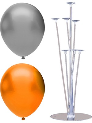 Bal10 Dünyası 7 Çubuklu Balon Standı + 100 Adet Balon ( Gümüş - Turuncu )
