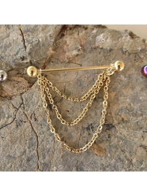 Bylin Cerrahi Çelik Zincirli Gold Köprü Piercing-Bar Uzunluğu 38mm-1 adet