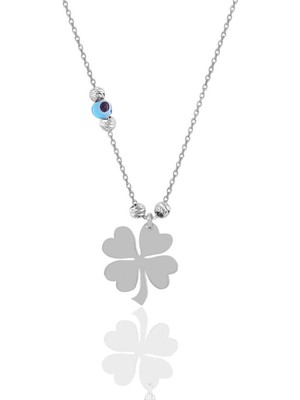 Söğütlü Silver Gümüş Rodyumlu Nazarlı Dorica Kolye 45 cm Uzunlukta Yonca Motifli