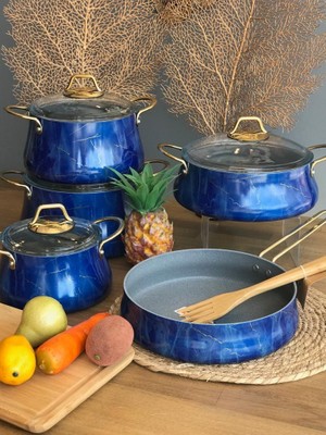 Rossev Brioni Granit Tencere Set Mermer Desen 9 Parça Lacivert