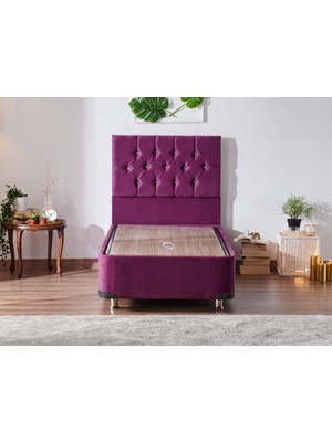 Niron Violet Baza ve Başlık Seti - 90X190 cm Tek Kişilik Sandıklı Mor Kumaş Baza ve Başlığı