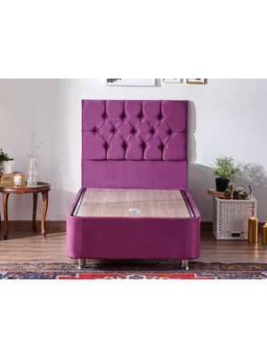 Niron Purple Baza ve Başlık Seti 90x190 cm Tek Kişilik Sandıklı Mor Kumaş Metal Profil Baza ve Başlığı