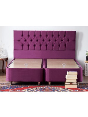 Niron Purple Baza ve Başlık Seti 160x200 cm Çift Kişilik Sandıklı Mor Kumaş Metal Profil Baza ve Başlığı