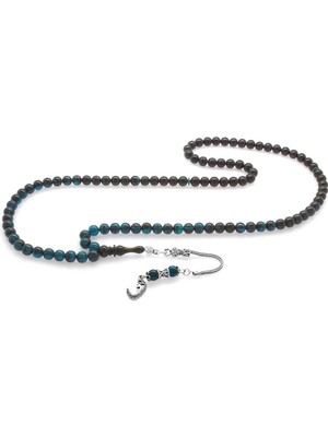 Tesbihane 925 Ayar Gümüş Püsküllü Küre Kesim Süzme Turkuaz-Siyah Ateş Kehribar 99'luk Tesbih