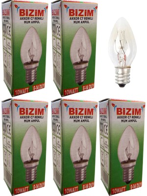 Bizim 5 Adet 10 Waat E14 Duy Renkli Şeffaf C7 Mum Ampül Sarı