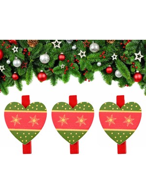 Partijet Yılbaşı Kırmızı Motifli Kalp Dekoratif Mandal 6'lı