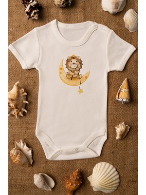 Limon Bebek Aslan Baskılı Ekru Çıtçıtlı Body Pamuklu Zıbın