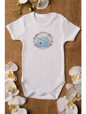 Limon Kız Bebek Fil Baskılı Beyaz Çıtçıtlı Body  Pamuklu Zıbın