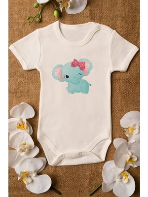 Limon Kız Bebek Fil Baskılı Ekru Çıtçıtlı Body Pamuklu Zıbın