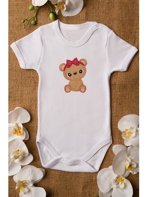 Limon Kız Bebek Baby Ayıcık Baskılı Beyaz Çıtçıtlı Body