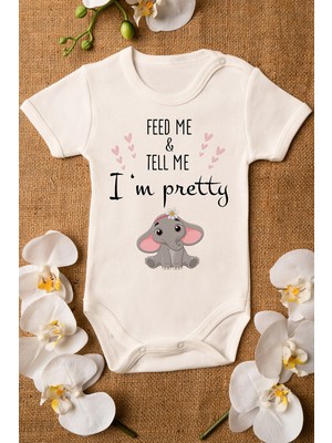 Limon Kız Ekru Bebek I'm Pretty Baskılı Çıtçıtlı Body 5009