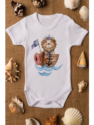 Limon Erkek Beyaz Bebek Denizci Baskılı Çıtçıtlı Body