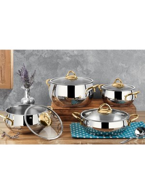 Lines Zeycan 8 Parça Altın Metal Kulplu Çelik Tencere Seti