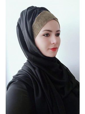 Butik Ayvitrin Kadın Modern Tek Bant Simli Hazır Şal Siyah-Gold