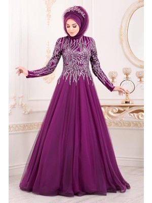 Neva Style Tesettürlü Abiye Elbise - Simli Desenli Mürdüm Tesettür Abiye Elbise 20690MU