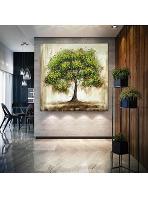 SML Tablo Yağlı Boya Efektli Mavi Yeşil Yapraklı Ağaç Manzara Kanvas Tablo