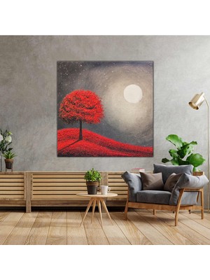 SML Tablo Yağlı Boya Efektli Ay Işığı Altındaki Kırmızı Ağaç Manzara Kanvas Tablo